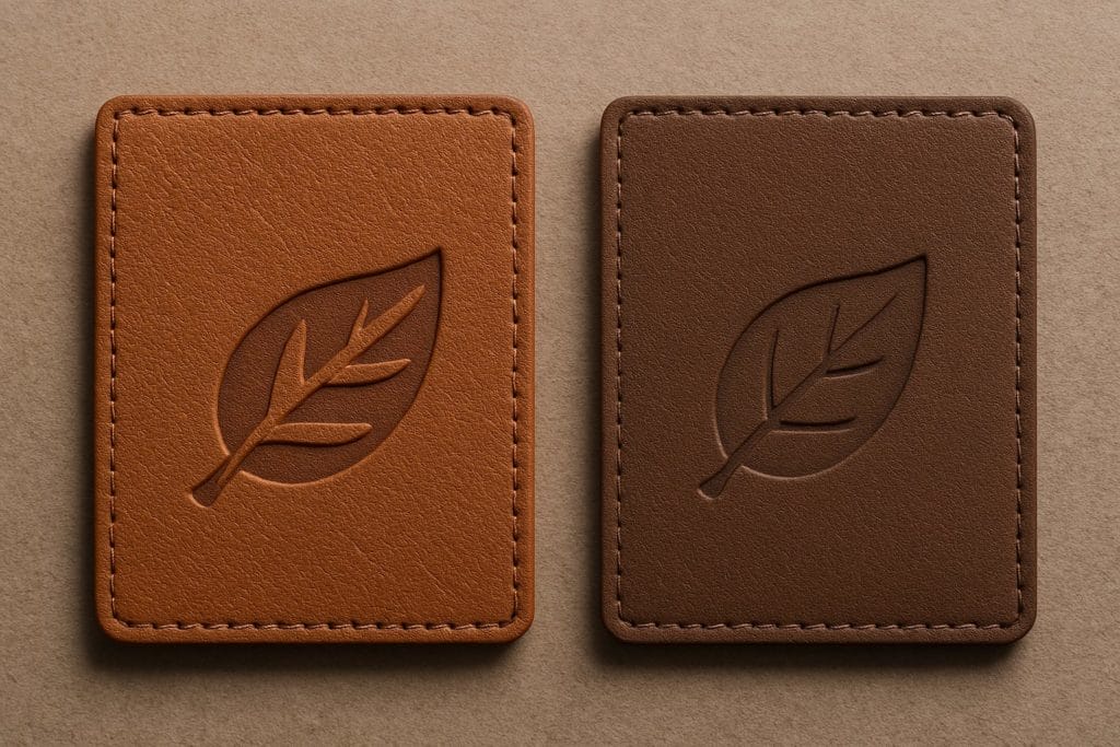 two leather patches with a leaf on them