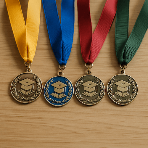 group of college medals on a table