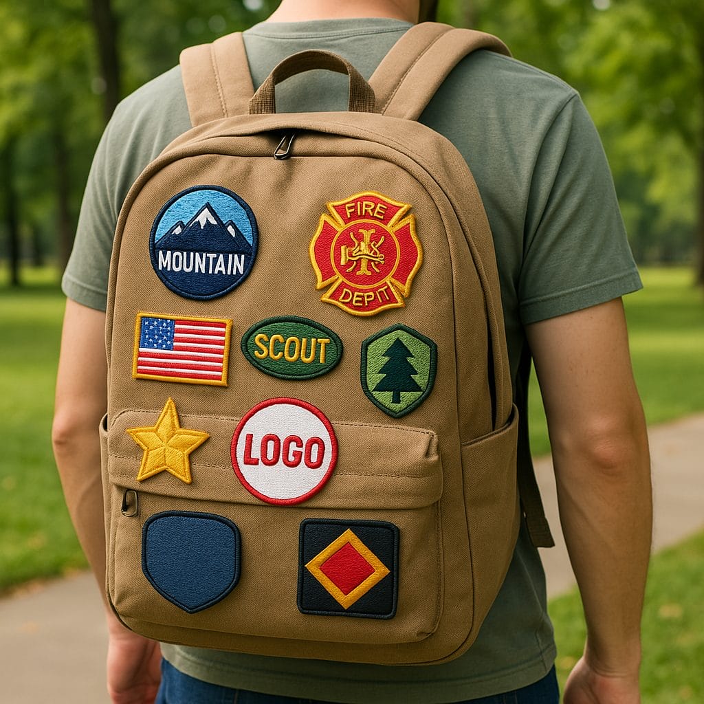 backpack with colorful patches in different shapes