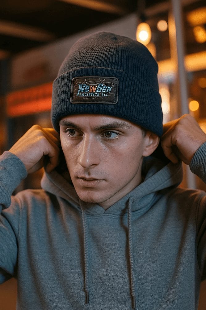 Man wearing beanie with custom PVC label