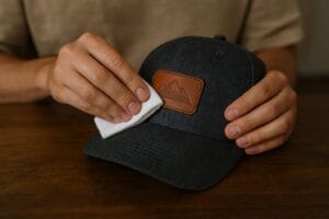 person cleaning leather patch on hat