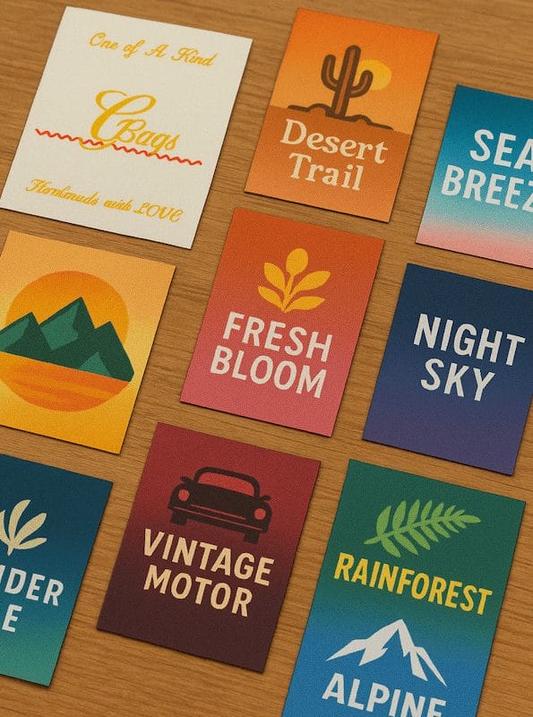 lot of different full color printed labels on table