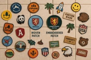 collage of various colorful woven and embroidered patches